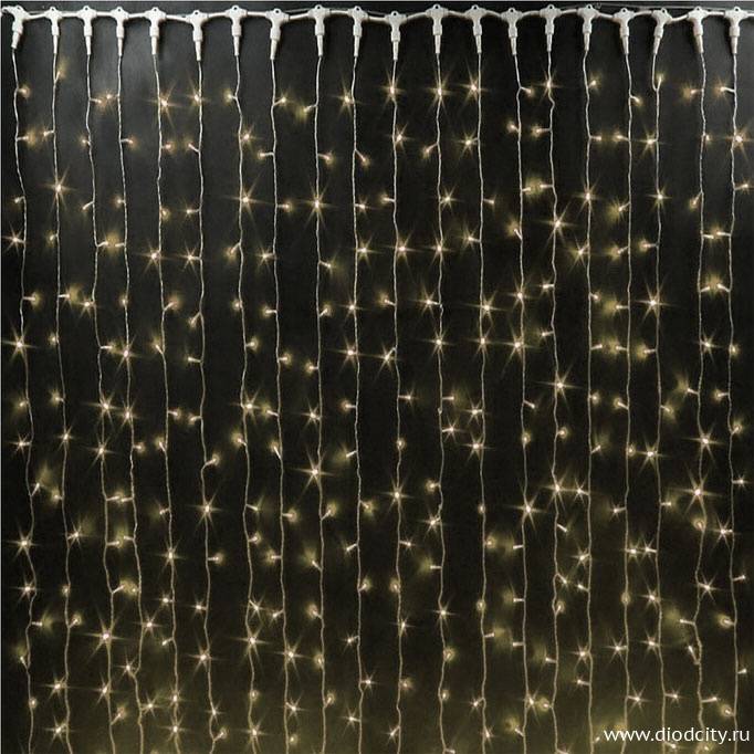 Светодиодный дождь (занавес) мерцающий 2х3 теплые белые диоды, белый провод