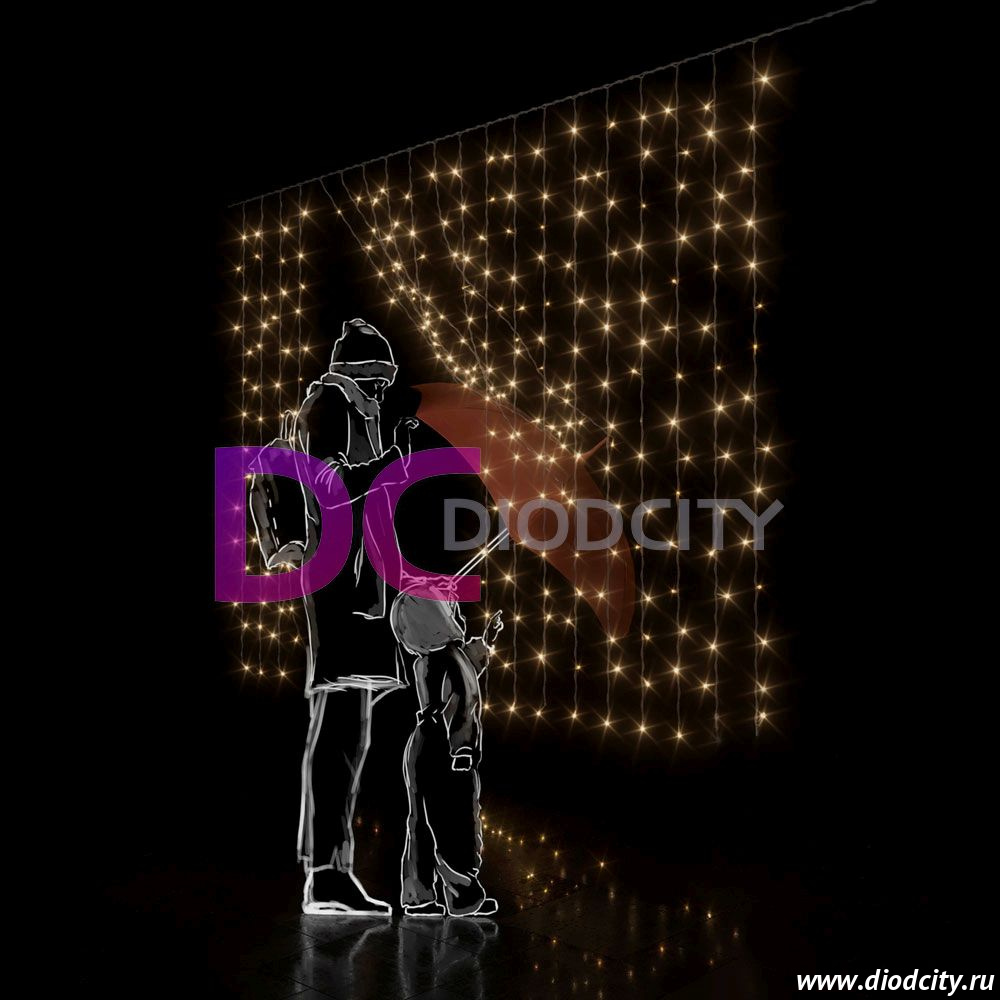 Светодиодный дождь(занавес) 2х2 теплый белый, прозрачный провод, IP54