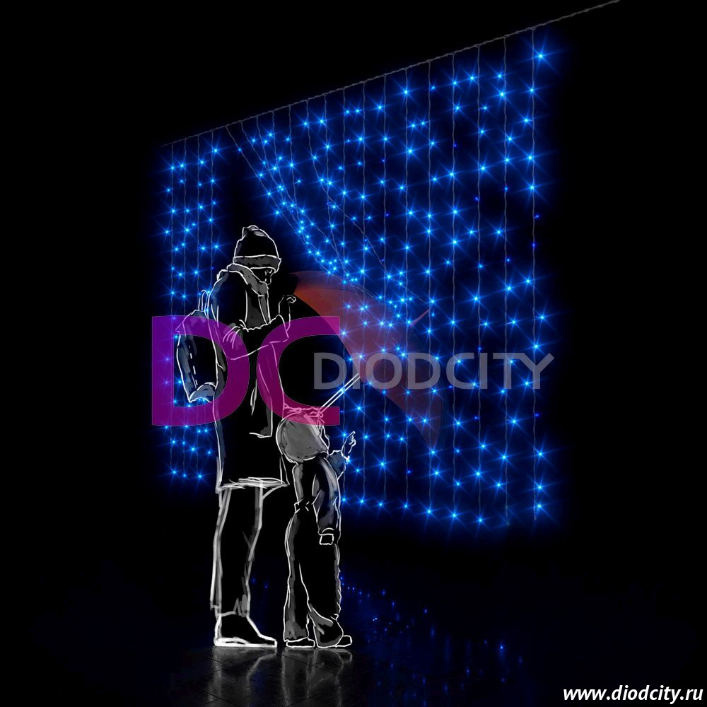 Светодиодный дождь(занавес) 2х2 синий, прозрачный провод, IP54