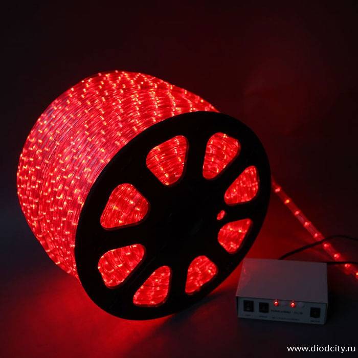 Светодиодный дюралайт - чейзинг круглый, 13мм, красный