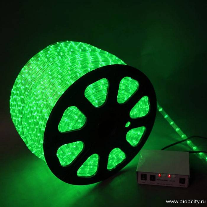 Светодиодный дюралайт - чейзинг круглый, 13мм, зеленый