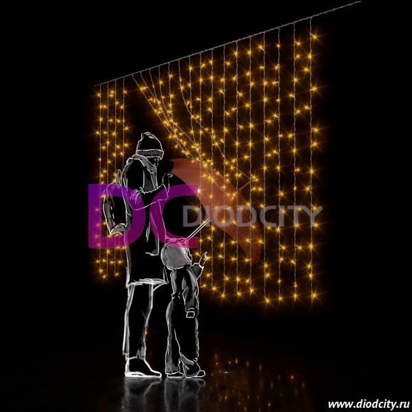 Светодиодный дождь(занавес) 2х2 желтый, прозрачный провод, IP54