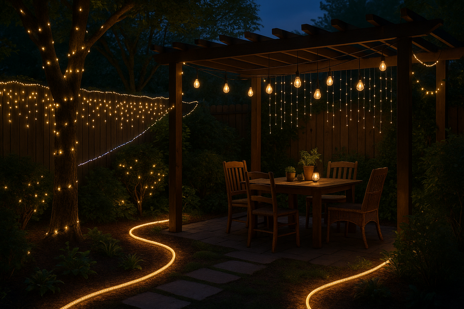 Идеи украшения сада и двора гирляндами