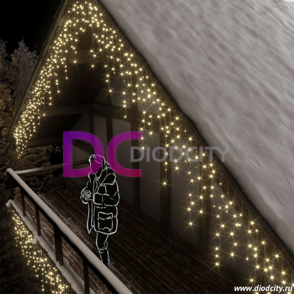 Световая бахрома 3*0.9 м, герметичный колпачок, мерцающая, теплая белая IP65