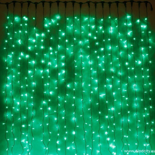 Светодиодный занавес "Дождь", 2 х 6м. зеленые  диоды